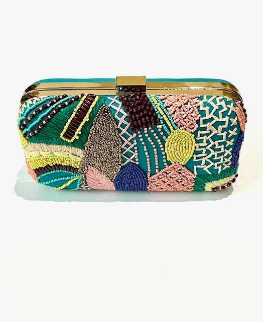 Teal Hand beaded clutch